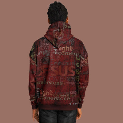 Jesus Passion Heavyweight Oversized Hoodie in brown with graphic design. Dark male back.