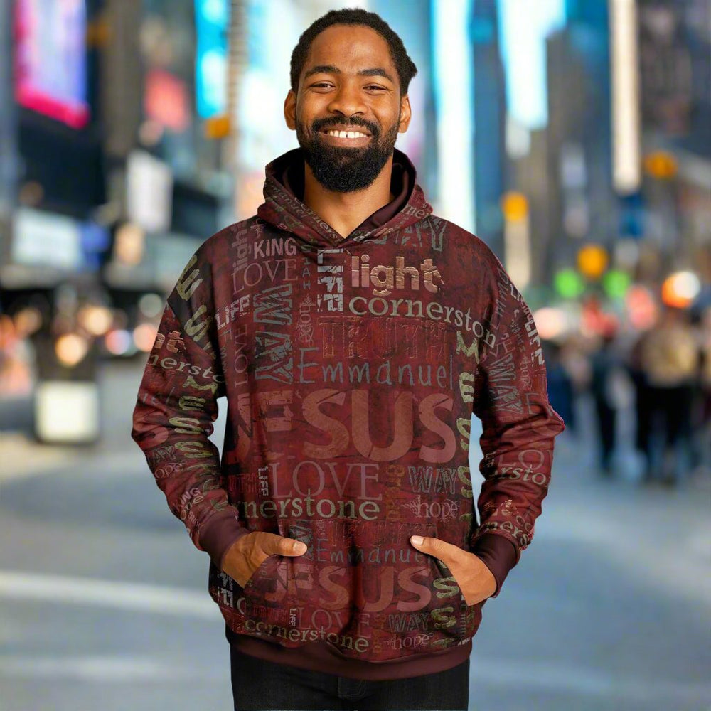 Jesus Passion Heavyweight Oversized Hoodie in brown with graphic design. Dark male front.