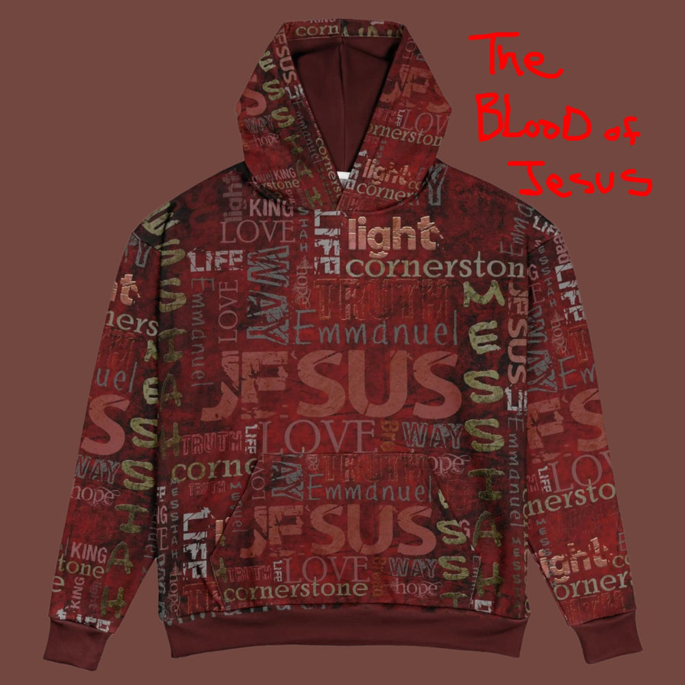 Jesus Passion Heavyweight Oversized Hoodie in brown with graphic design. Flat front.