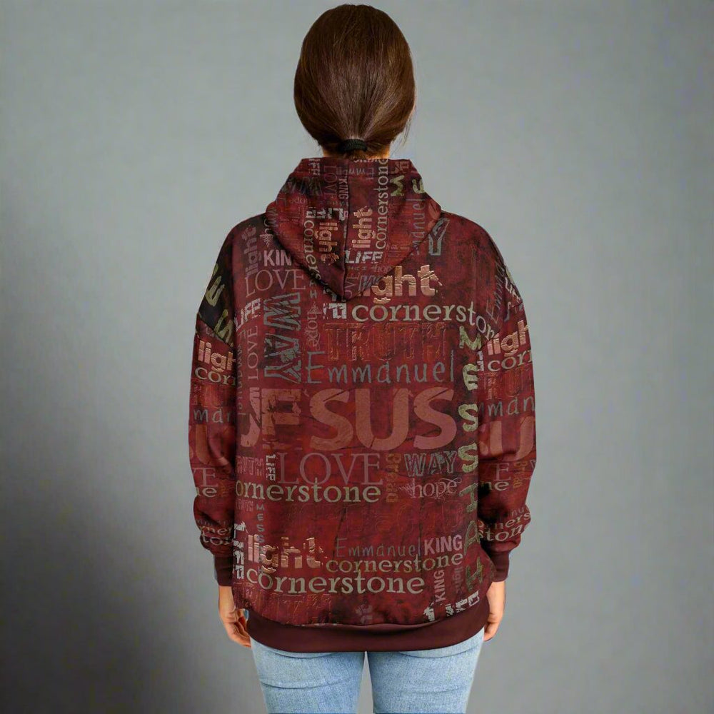 Jesus Passion Heavyweight Oversized Hoodie in brown with graphic design. Light female back.