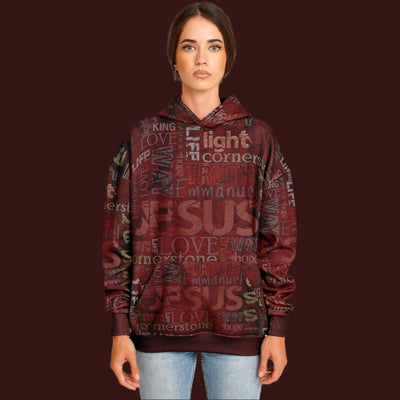 Jesus Passion Heavyweight Oversized Hoodie in brown with graphic design. Light female front.