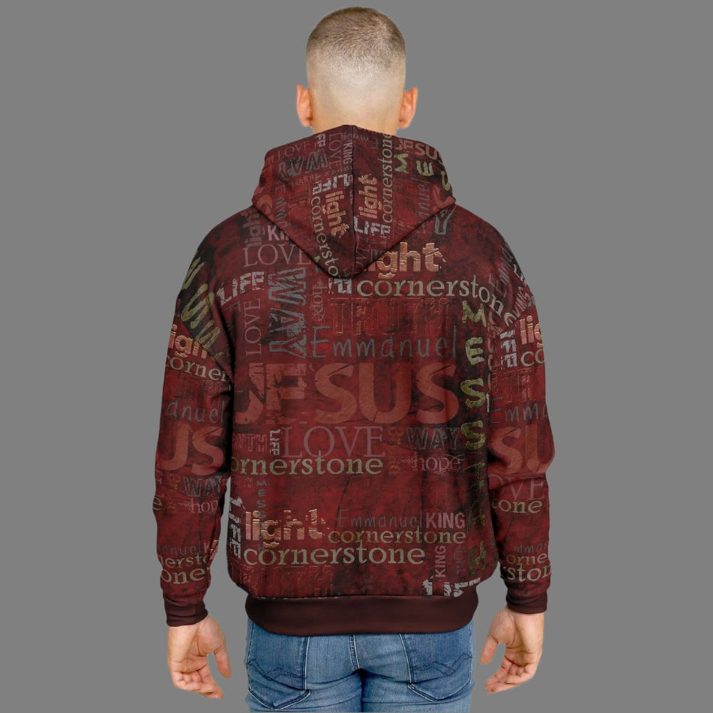 Jesus Passion Heavyweight Oversized Hoodie in brown with graphic design. Light male back.