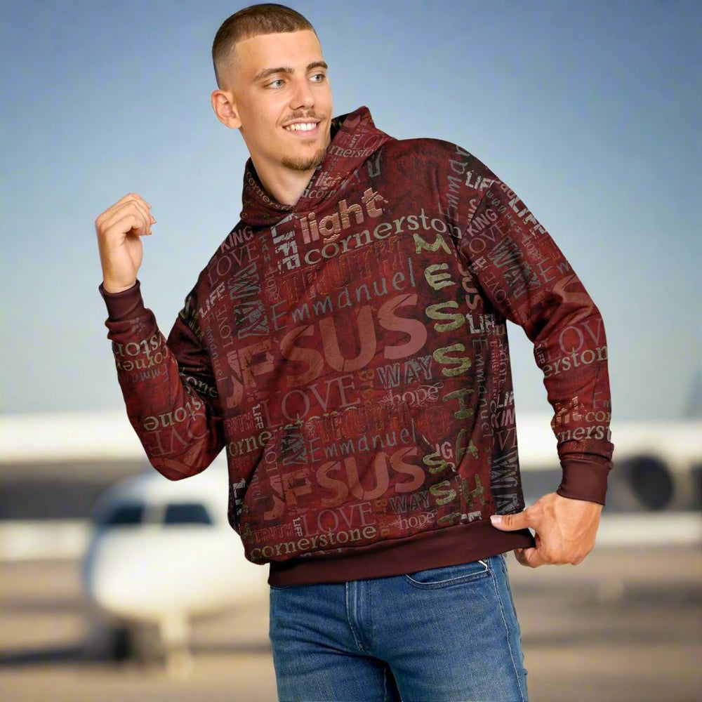 Jesus Passion Heavyweight Oversized Hoodie in brown with graphic design. Light male front pose.