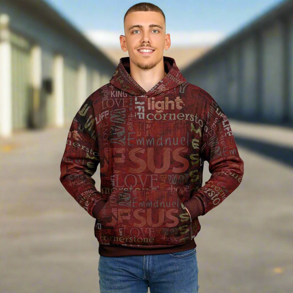 Jesus Passion Heavyweight Oversized Hoodie in brown with graphic design. Light male front.