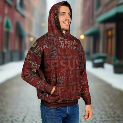 Jesus Passion Heavyweight Oversized Hoodie in brown with graphic design. Light male side with hood on.