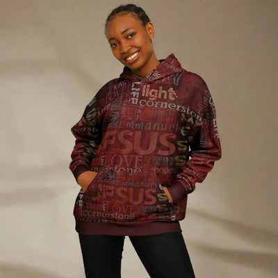 Jesus Passion Heavyweight Oversized Hoodie in brown with graphic design. Dark female pose with hands in pocket.