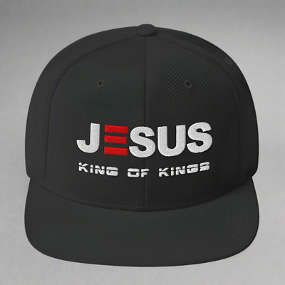 Black cap with 'Jesus King of Kings' text on a white background