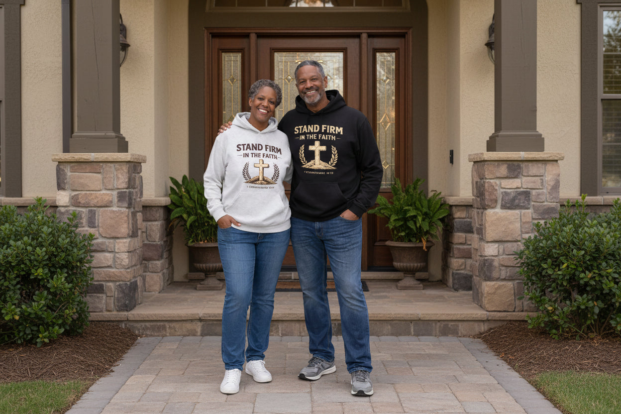Two people wearing 'Stand Firm in the Faith' hoodies and jeans on a house in the background