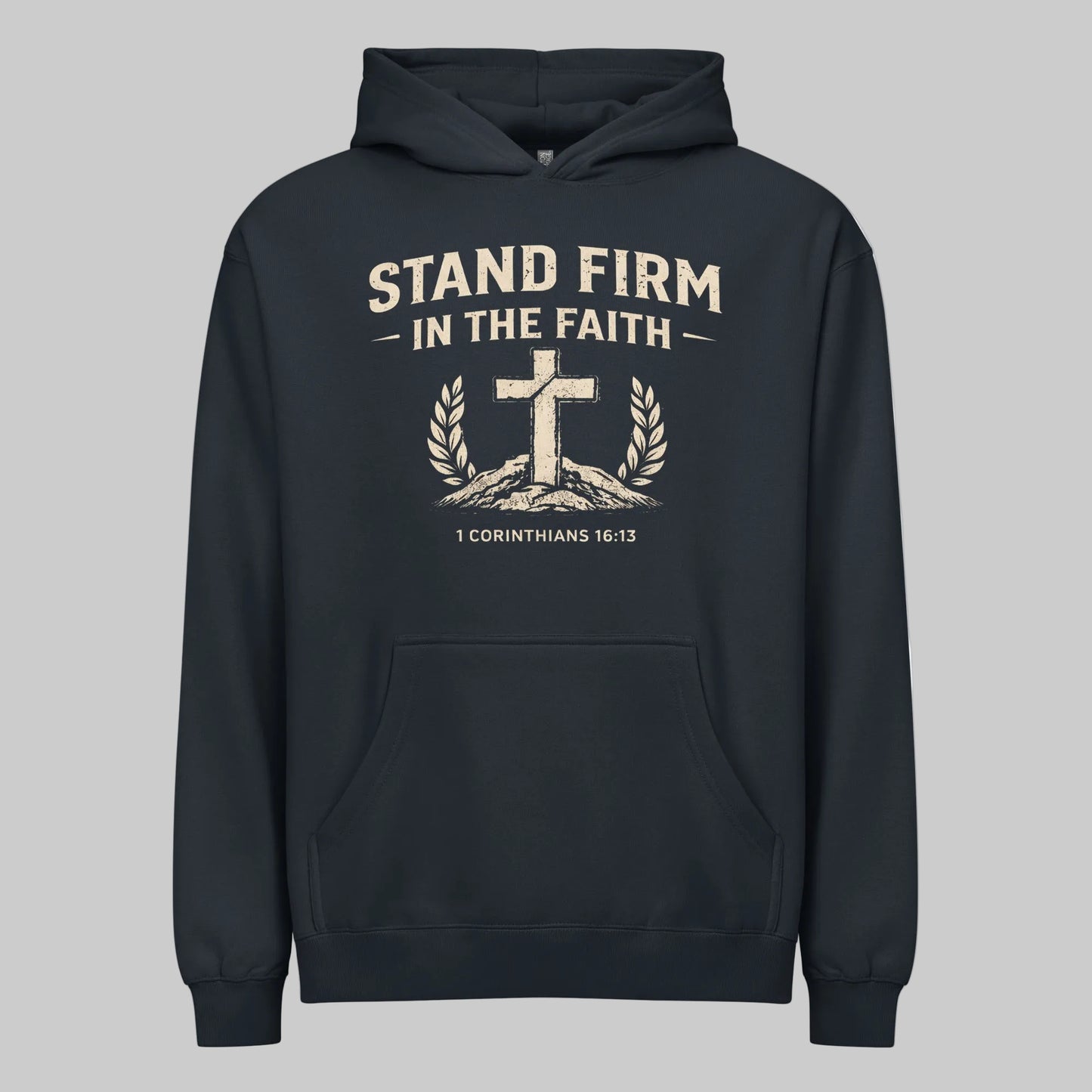 Navy blazer  hoodie with 'Stand Firm in the Faith' text and cross design on a gray background