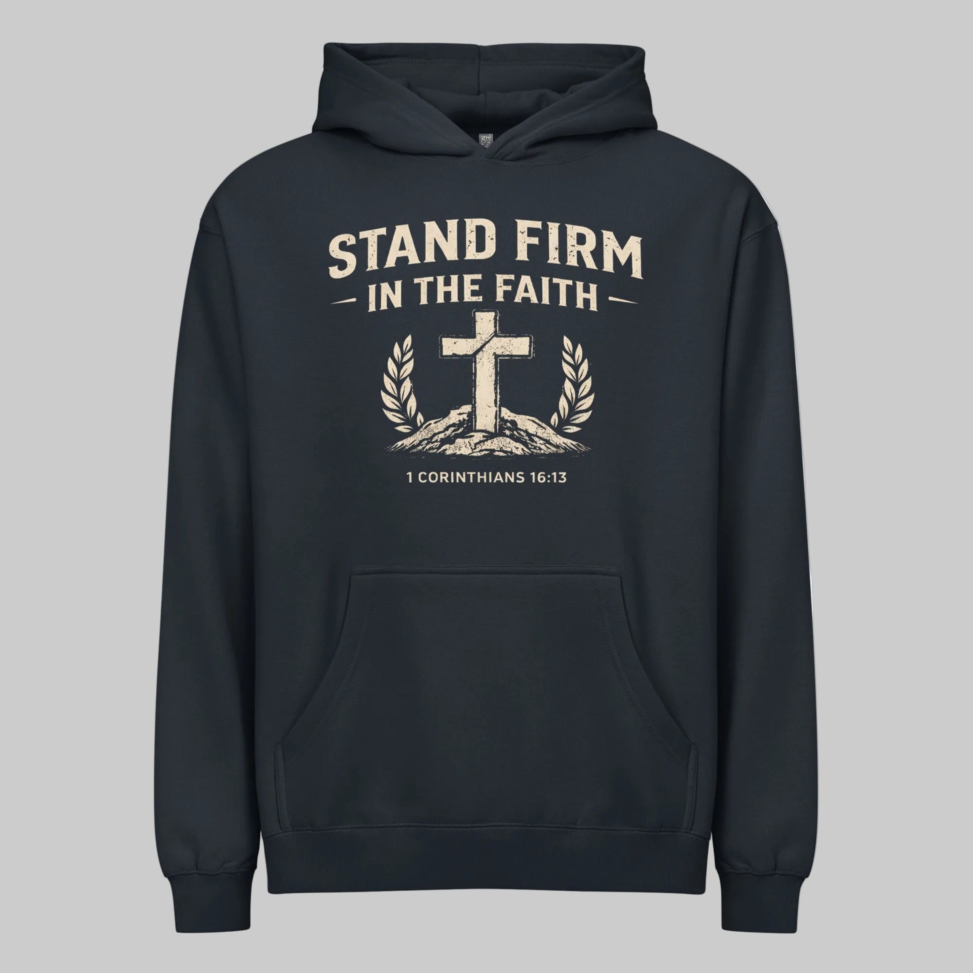 Navy blazer  hoodie with 'Stand Firm in the Faith' text and cross design on a gray background