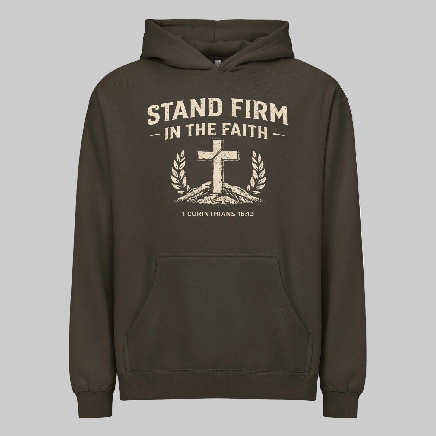 Vintage Black hoodie with 'Stand Firm in the Faith' text and cross design on a white background