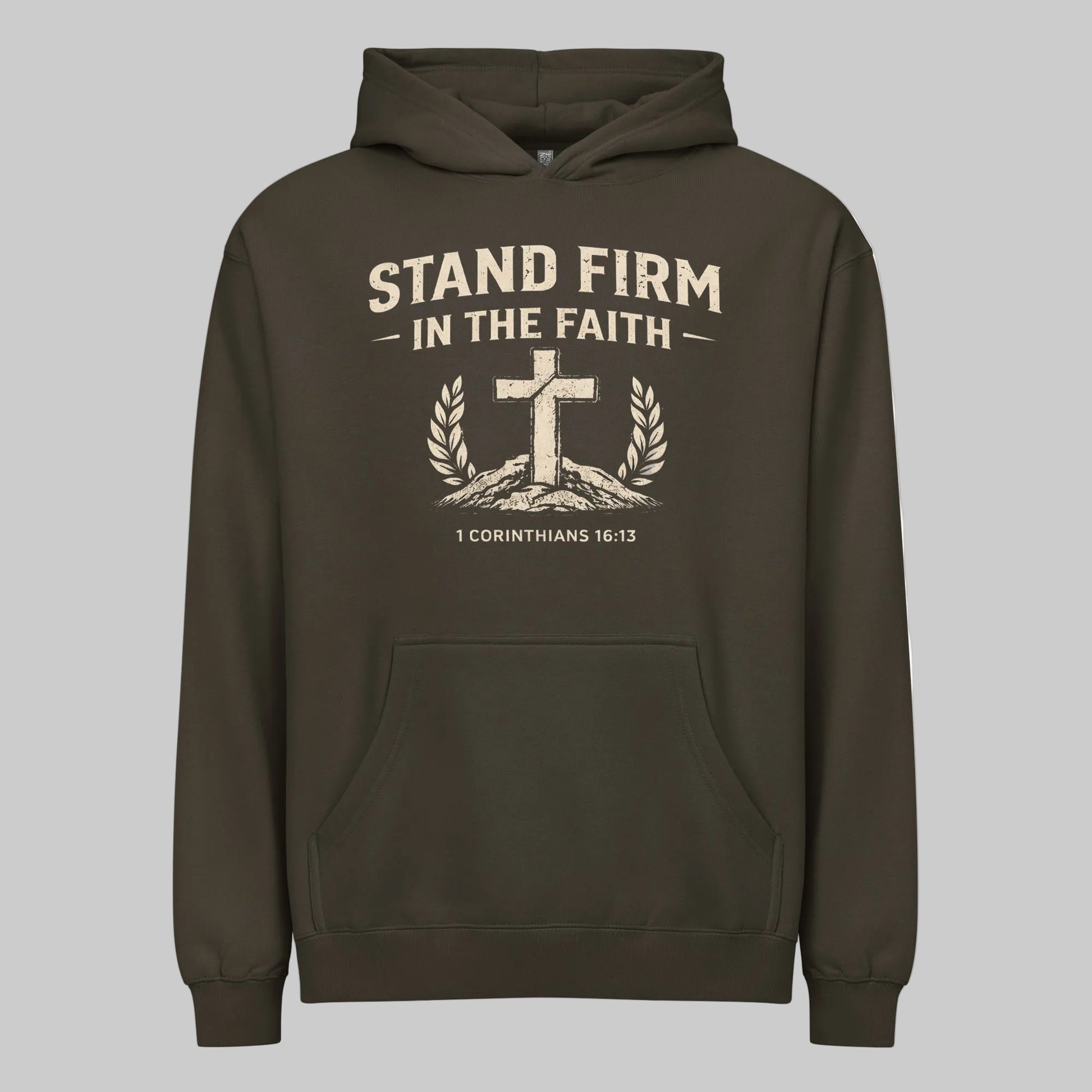 Vintage Black hoodie with 'Stand Firm in the Faith' text and cross design on a white background