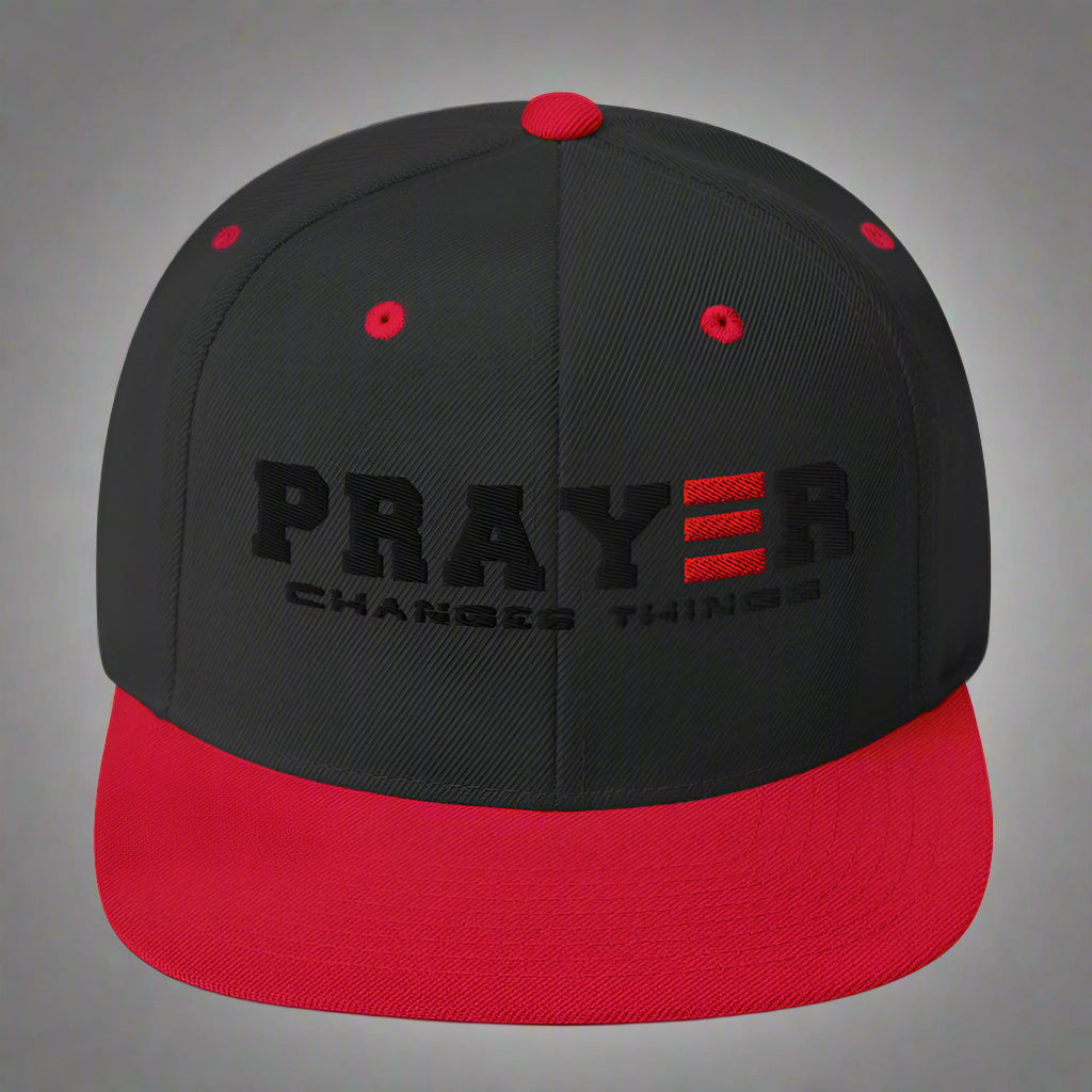prayer changes things red and black snapback hat in gray background