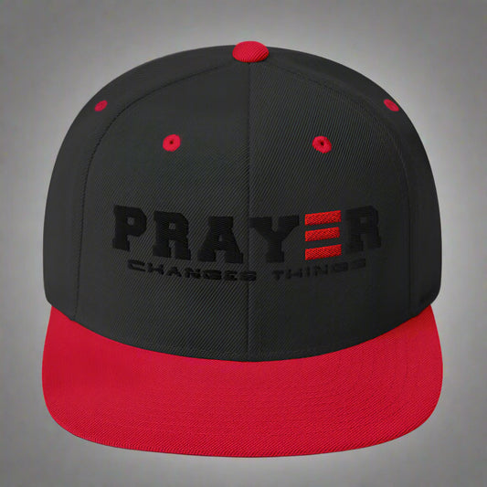 prayer changes things red and black snapback hat in gray background