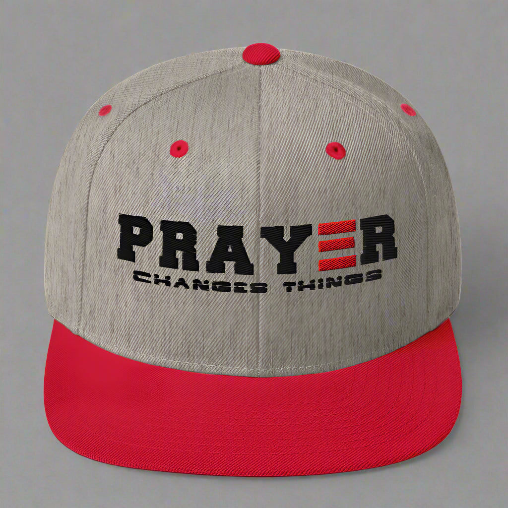 prayer changes things classic-snapback-heather-grey-red-front