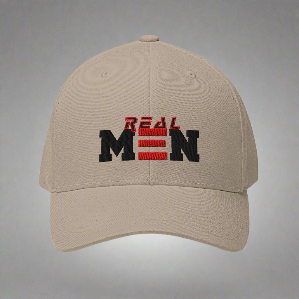 Beige cap with 'REAL MEN' text on a white background