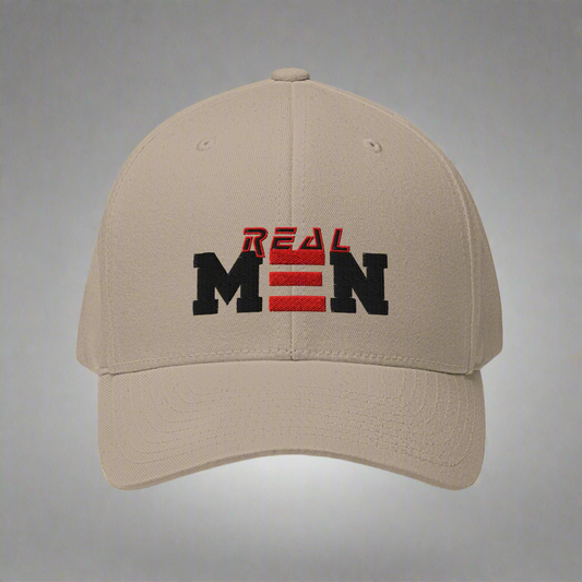Beige cap with 'REAL MEN' text on a white background