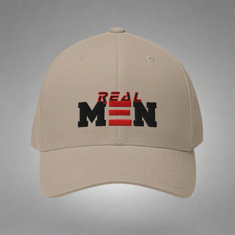 Beige cap with 'REAL MEN' text on a white background