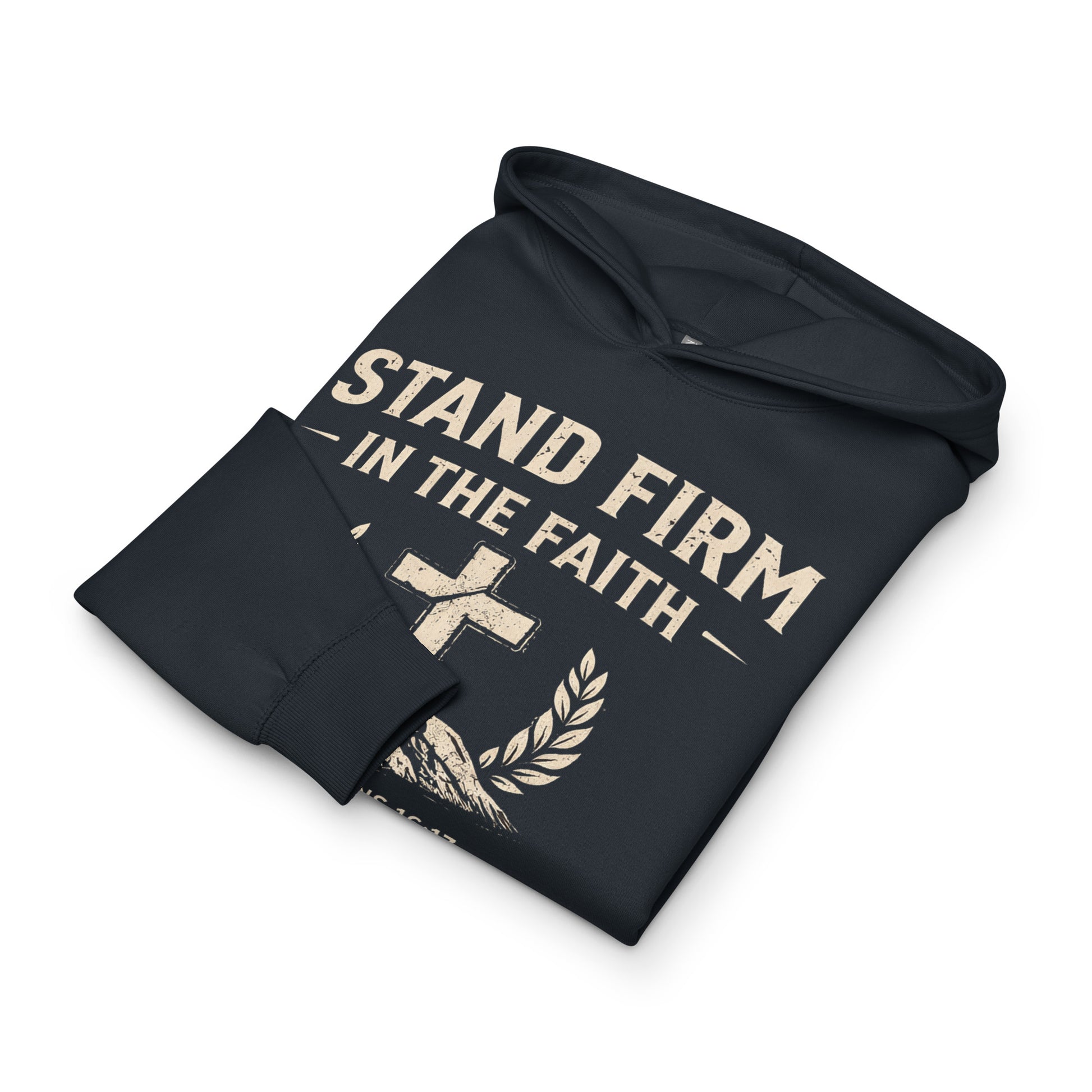 Navy hoodie with 'Stand Firm in the Faith' text and cross design on a white background