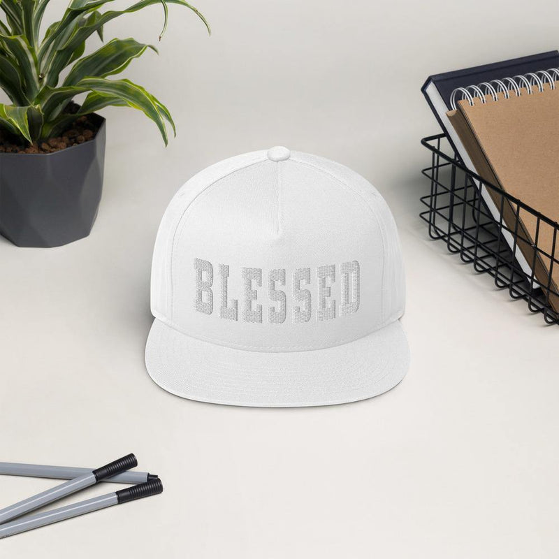 Blessed Flat Bill Cap - white cap on table