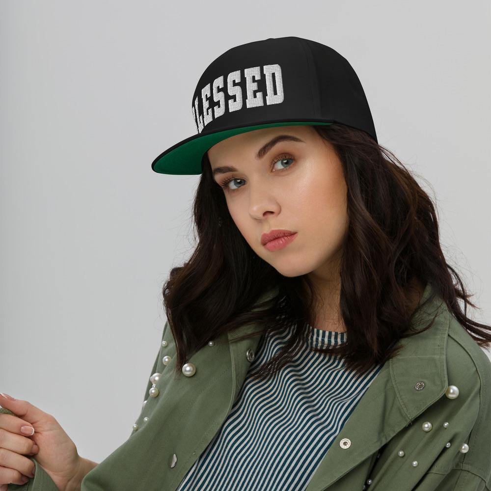 Blessed Flat Bill Cap - woman wearing a black cap