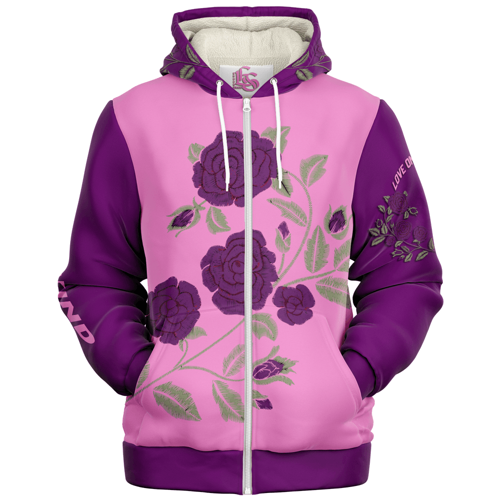 micro fleece hoodie neutral front purple pink zip up